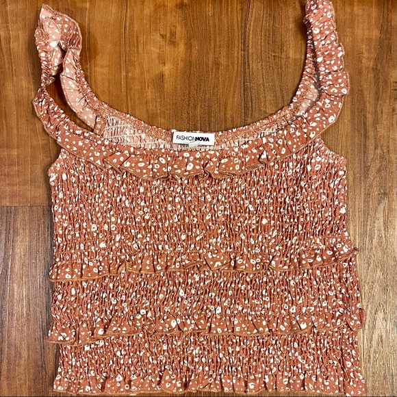 Fashion Nova Rust Floral print Smock Crop top and Ruffle Mini Skirt Set XS - Picture 3 of 5